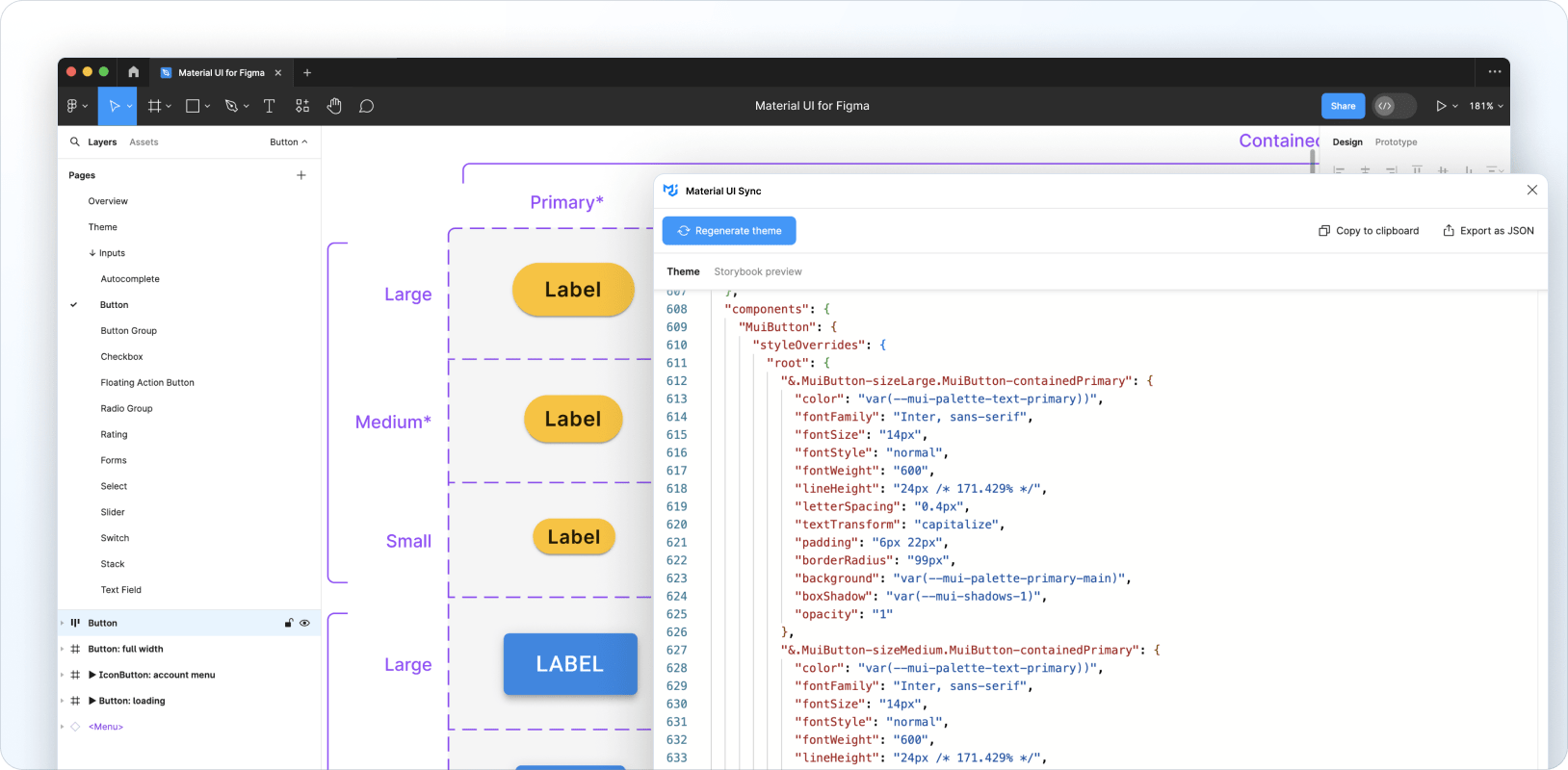 Customizing the MaterialĀ UI Switch component in Figma with the Sync plugin running.